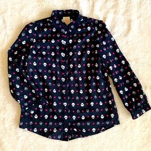Black Button Down Shirt With White & Pink Skulls Halloween Shirt Sz. 6